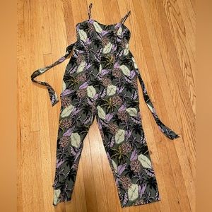 Lush Tropical Adjustable Spaghetti Strap Jumpsuit with Waist Tie - Size L